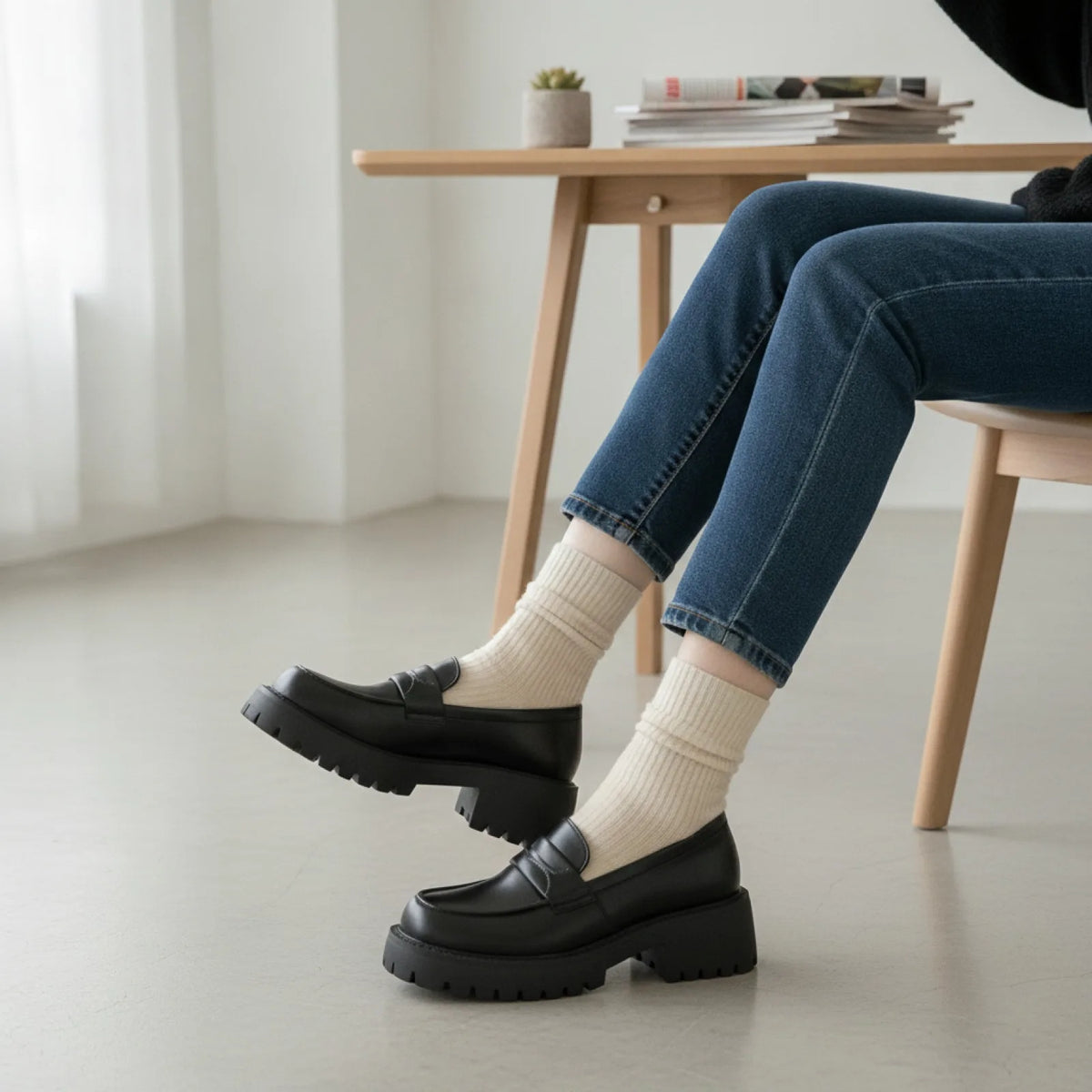 Vogue Mocassins noirs femme talon carré semelle épaisse