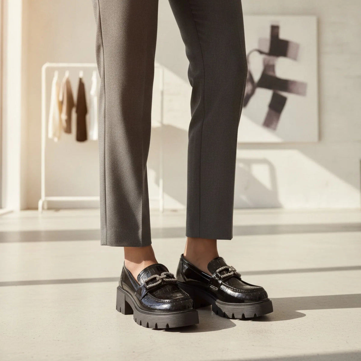 Mocassins Plateforme Vernis Croco - Chaîne Strass Noir