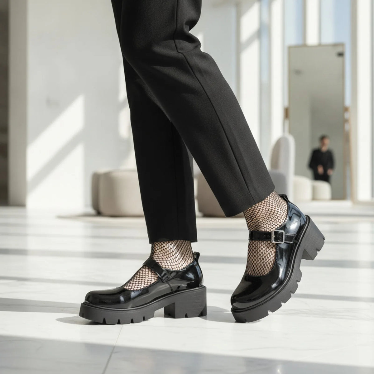 Luxe Mocassins Mary Jane vernis noir semelle épaisse