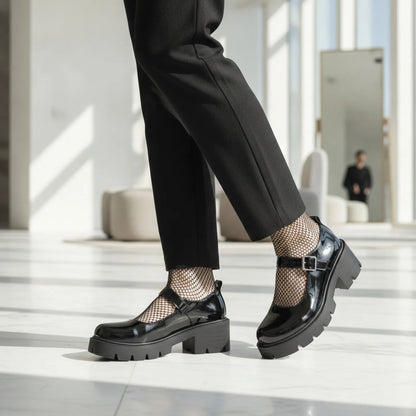 Luxe Mocassins Mary Jane vernis noir semelle épaisse
