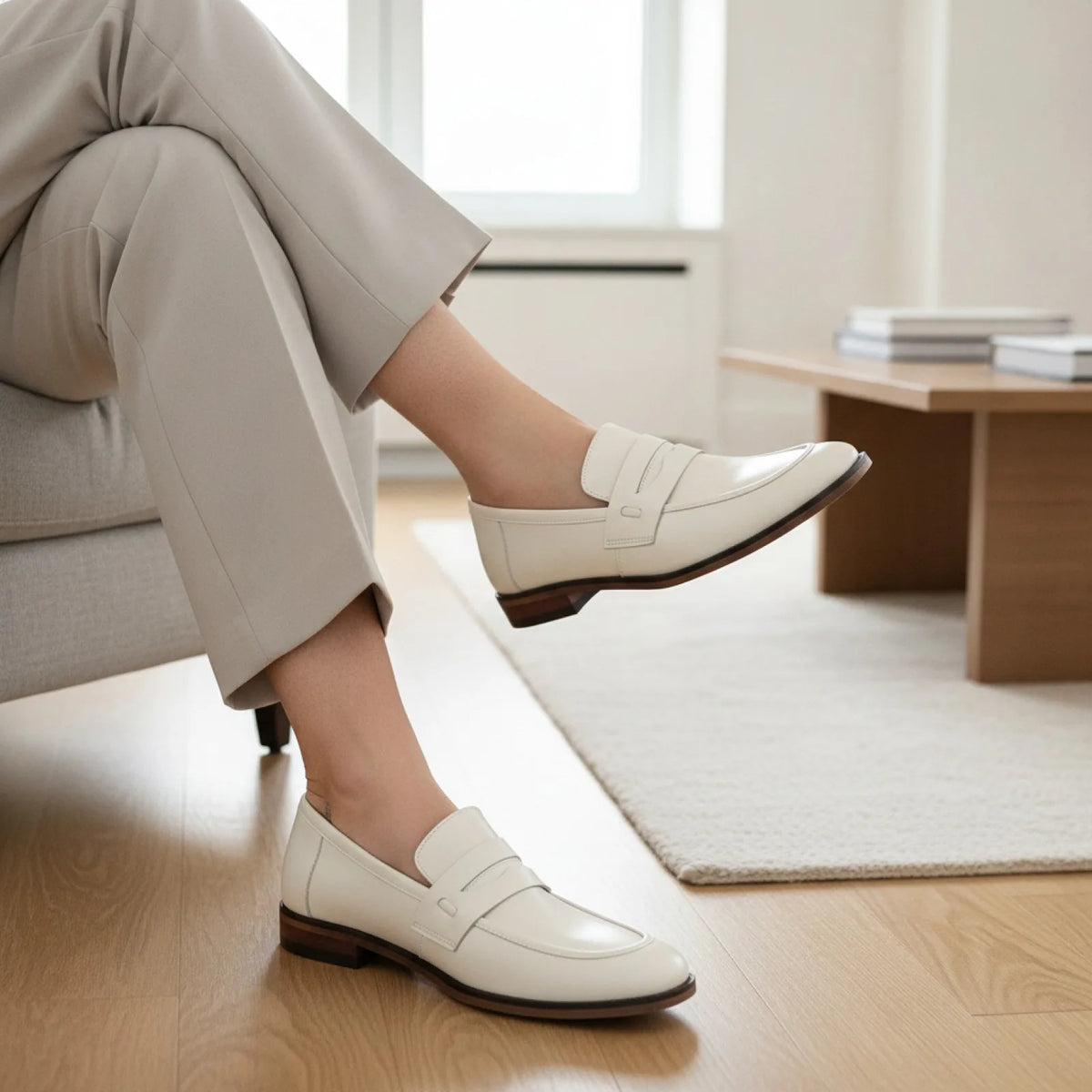 Signature Mocassins Cuir Véritable Beige Semelles Marron