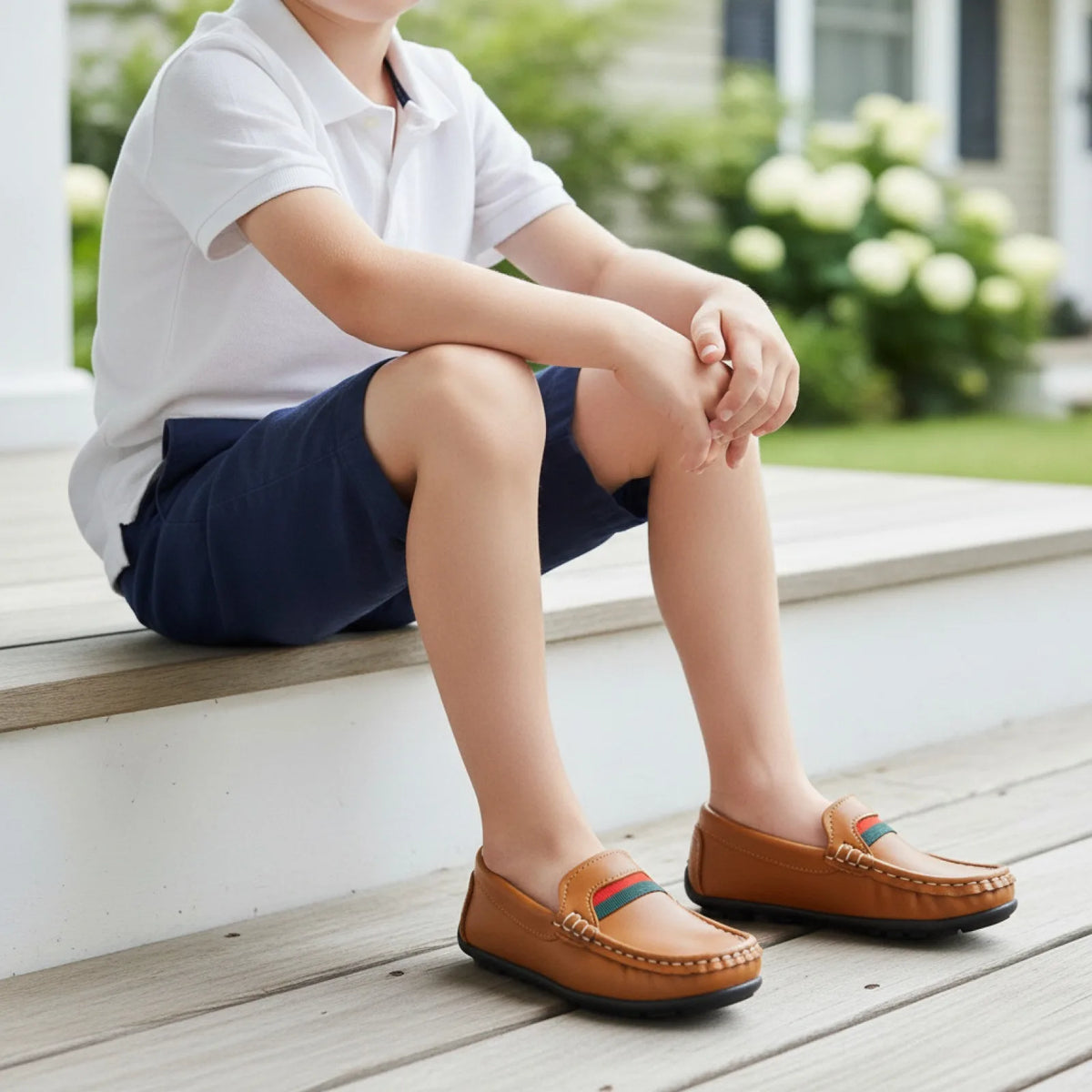Brandé Mocassins Garçons Cuir Souple Bandes Colorées