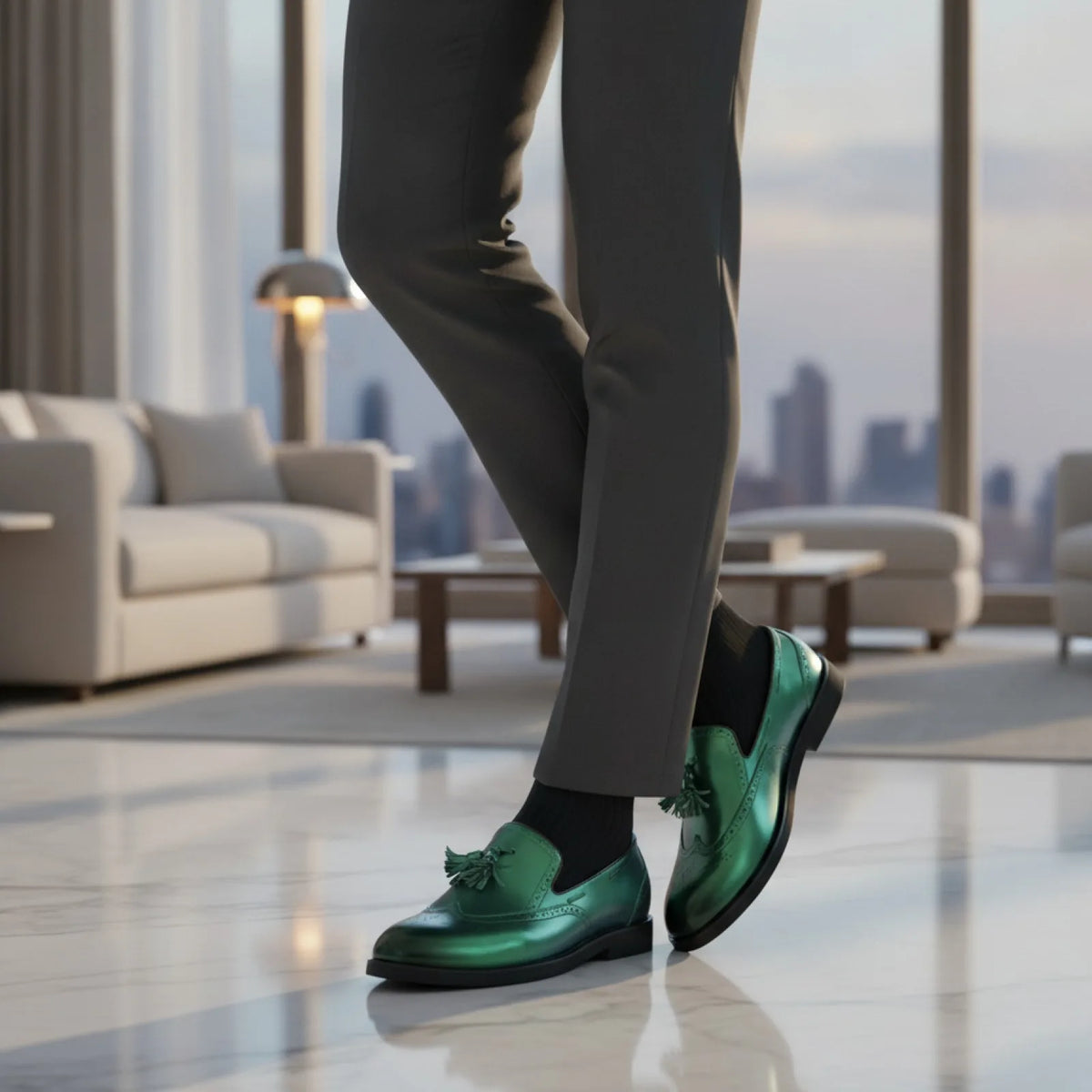 Mocassins Homme Vert Métallisé - Glands Élégants
