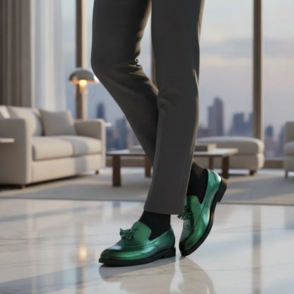 Mocassins Homme Vert Métallisé - Glands Élégants