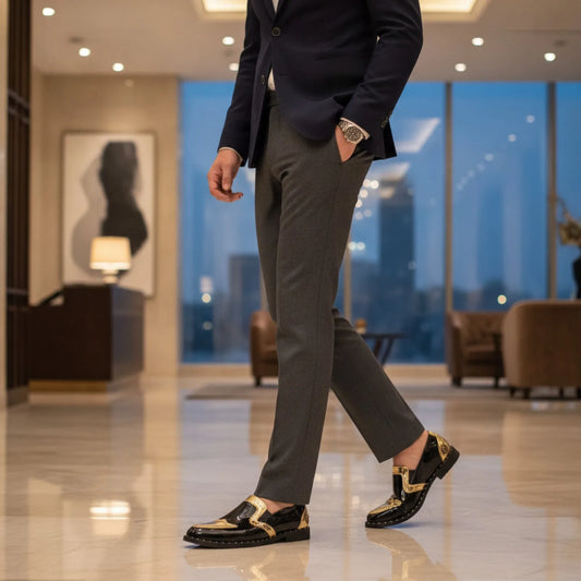 Mocassins Homme Vernis Noir Doré Élégant — Signature