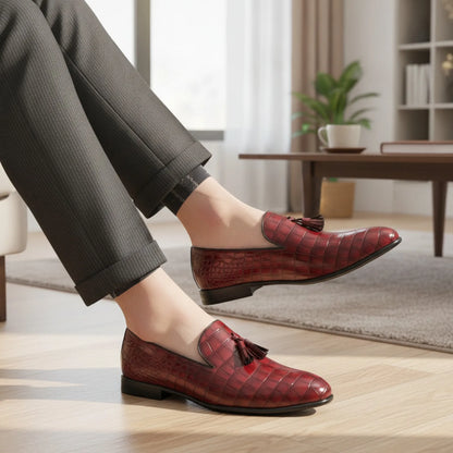 Signature Mocassins Cuir Vernis Rouge Grain Crocodile