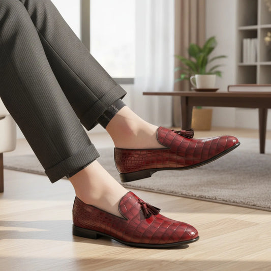 Signature Mocassins Cuir Vernis Rouge Grain Crocodile