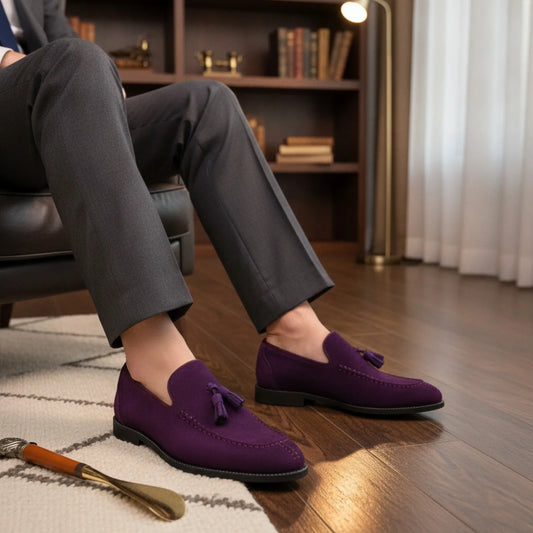 Mocassins Daim Violet - Pompons et Semelle Caoutchouc