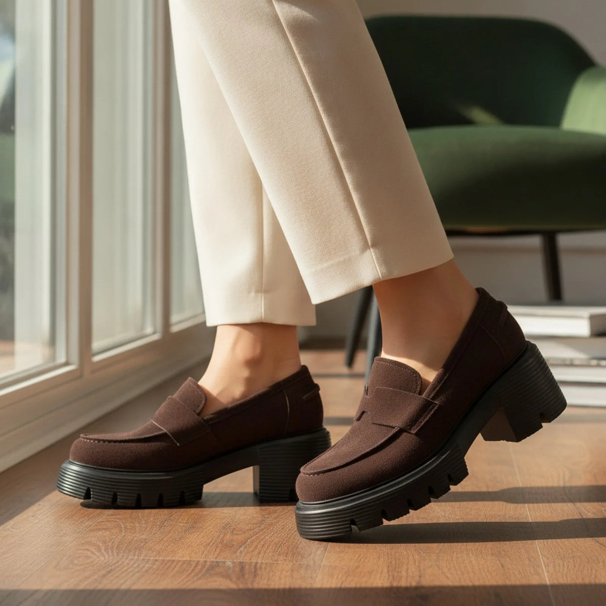 Mocassins Suédine Plateforme - Semelle Épaisse Marron