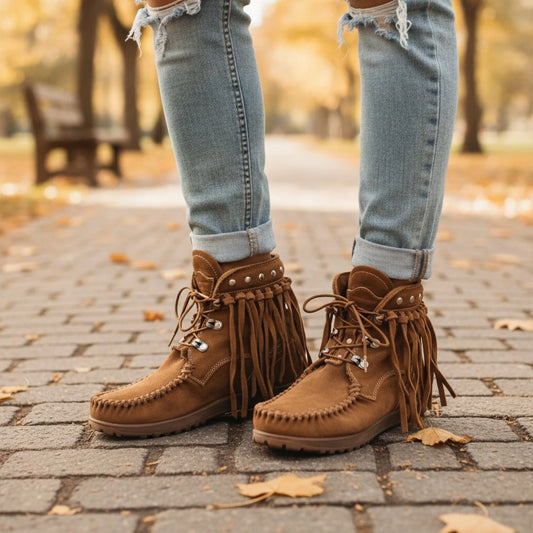 Nova Mocassins Bohèmes Franges Lacets Cuir Végan
