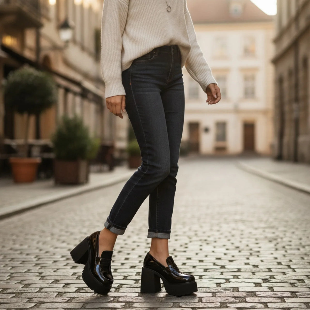 Nova Mocassins noirs à talon épais vernis femme