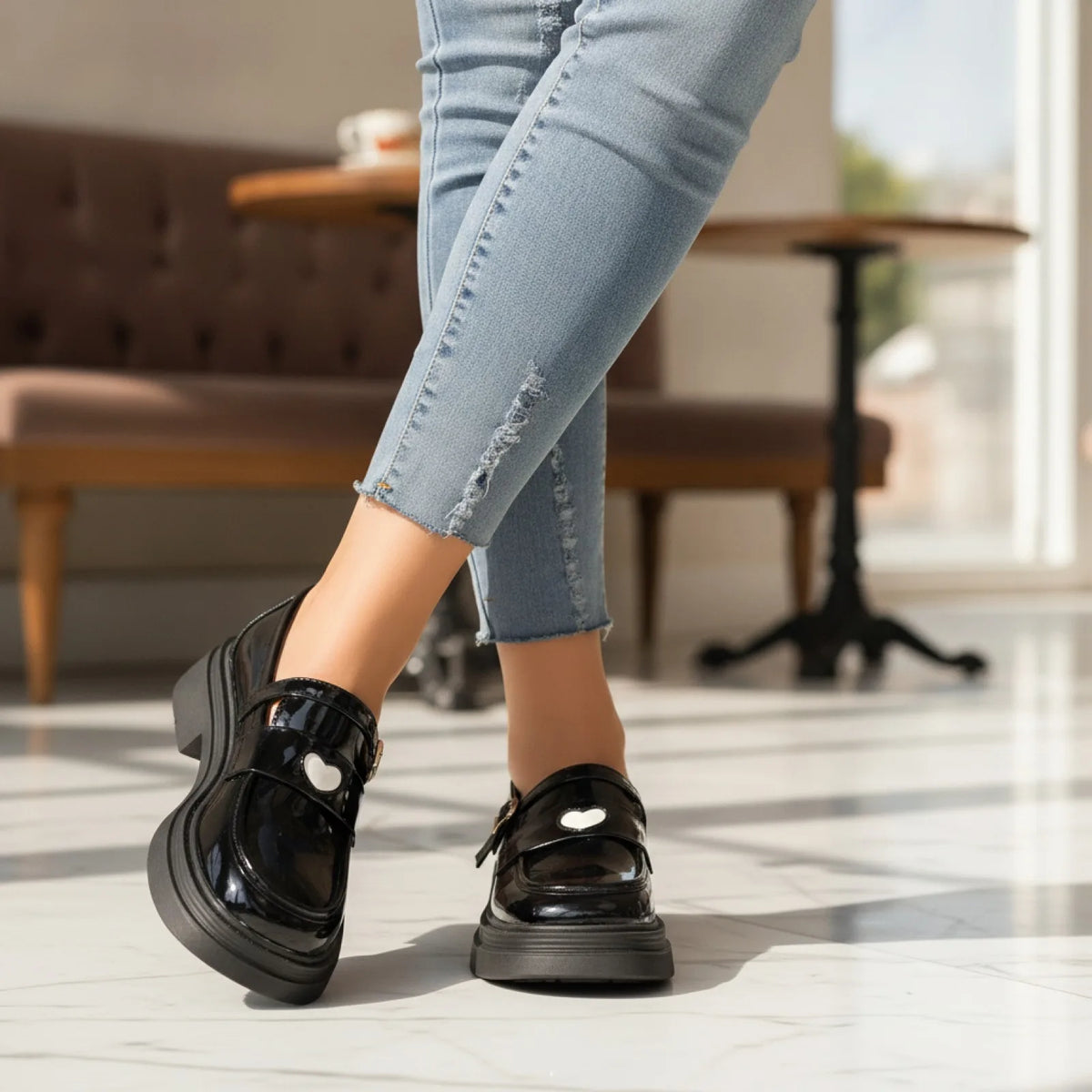 Élite Mocassins Femme Verni Noir Cœur Semelle Épaisse