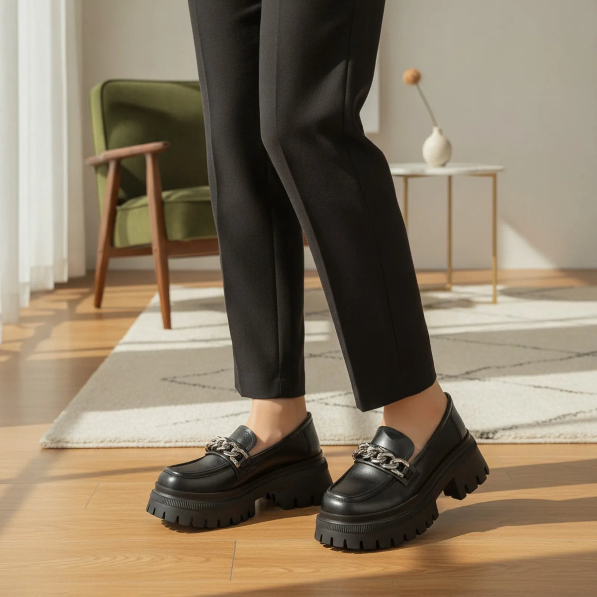 Nova Mocassins Plateforme Femme Noir Chaîne Argentée