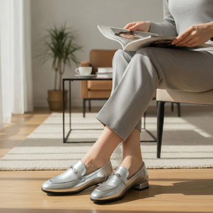 LuxStep Mocassins femme argentés talon carré