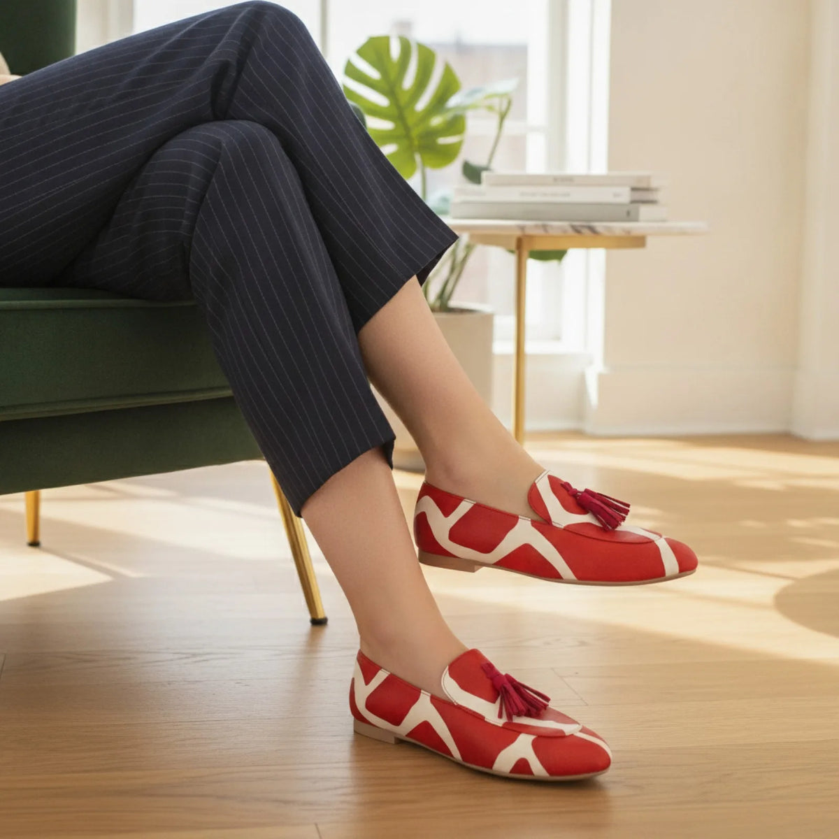 Nova Mocassins Femme Rouge Blanc Motifs Glands Raffinés