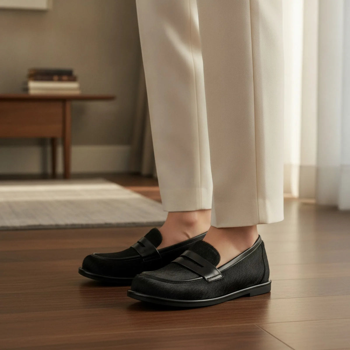 Signature Mocassins Cuir Noir & Crin Cheval