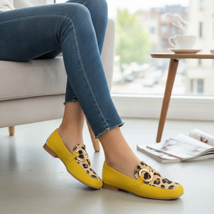 Lux Mocassins Jaunes Imprimé Léopard Boucle Dorée Femme