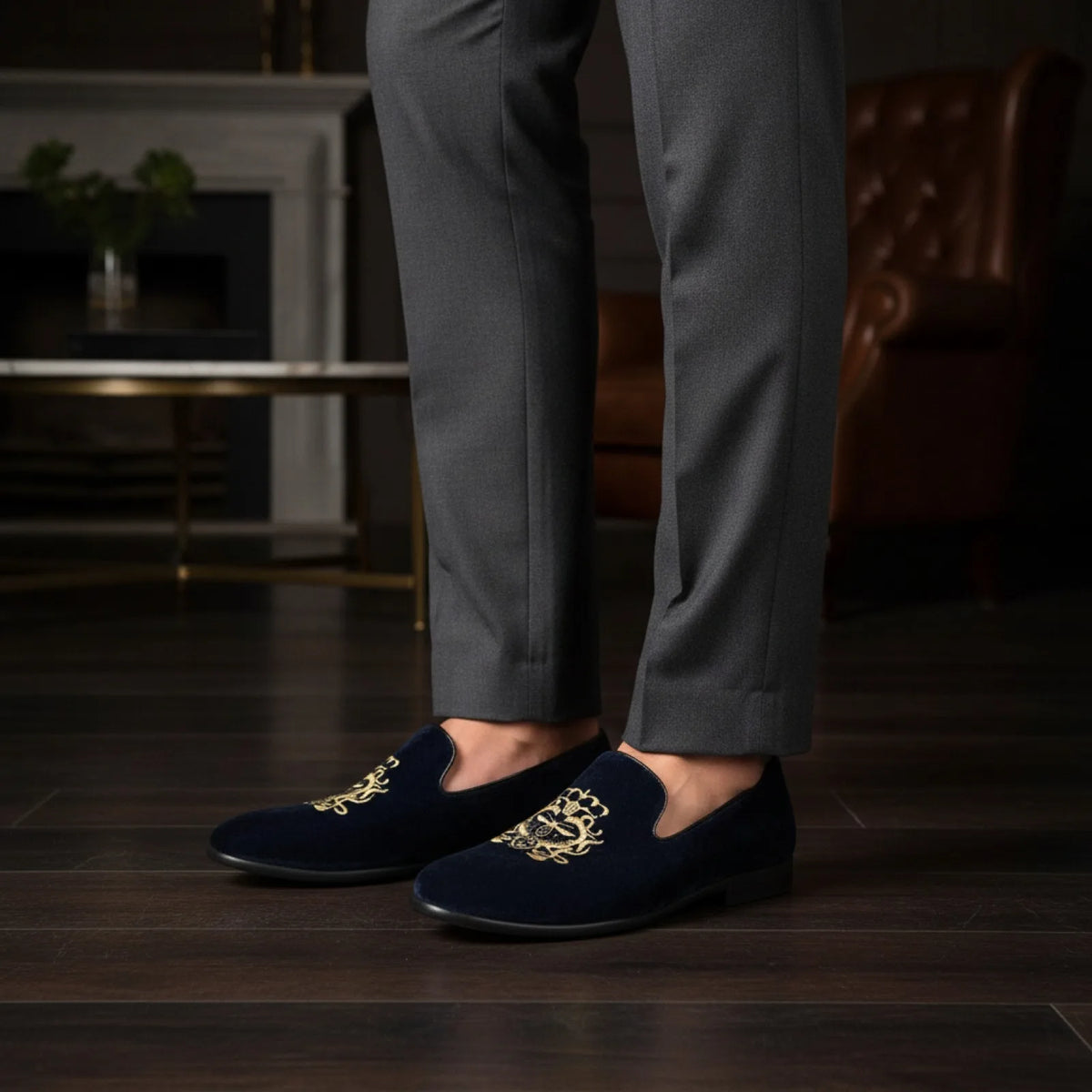 Mocassins homme velours brodé or - Élégance Signature