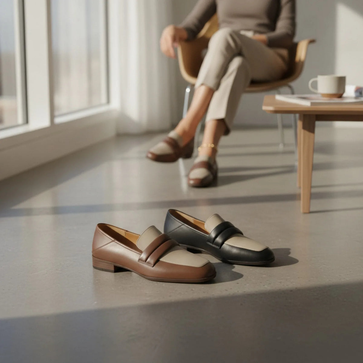Nexa Mocassins Cuir Véritable Bicolores Talon Carré