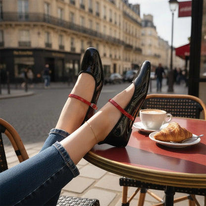 Luxe Mocassins Ballerines Vernis Noir/Rouge