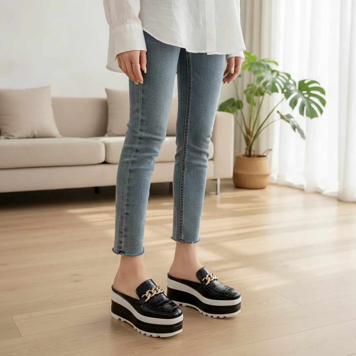 Mules compensées vegan Luxe - Croco & Chaîne dorée