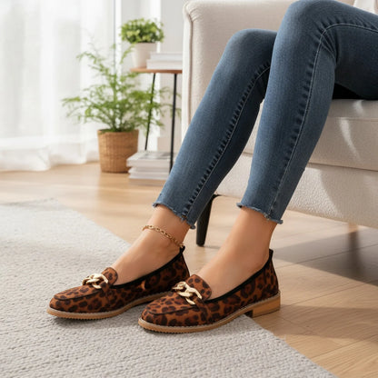 Mocassins Léopard Femme Chaînes Dorées Petit Talon Luxe