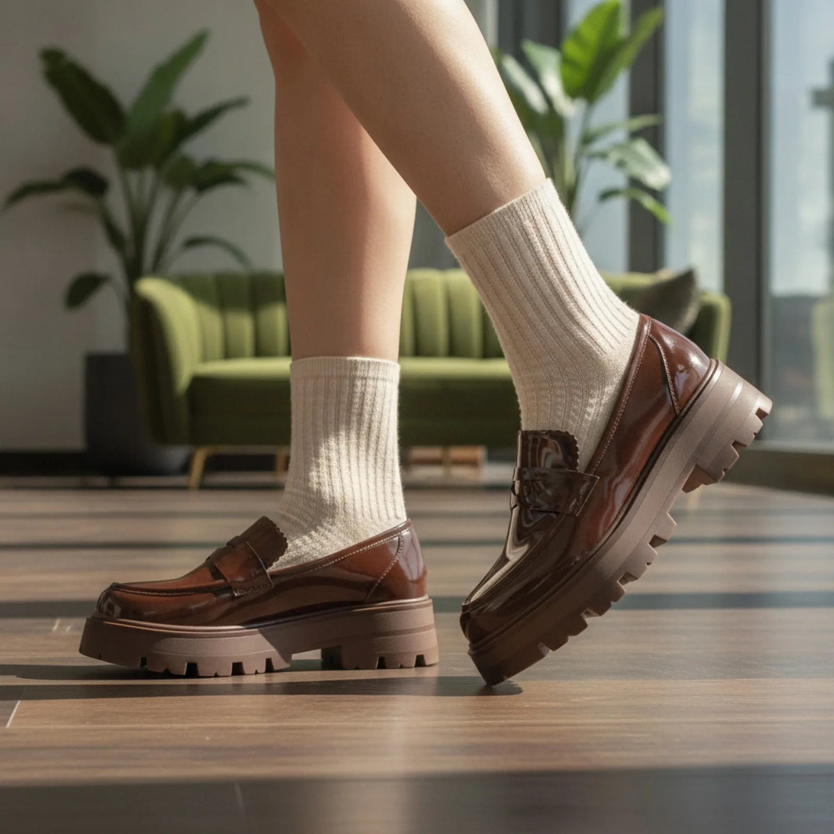 Luxia Mocassins Marron Cuir Vernis Plateforme