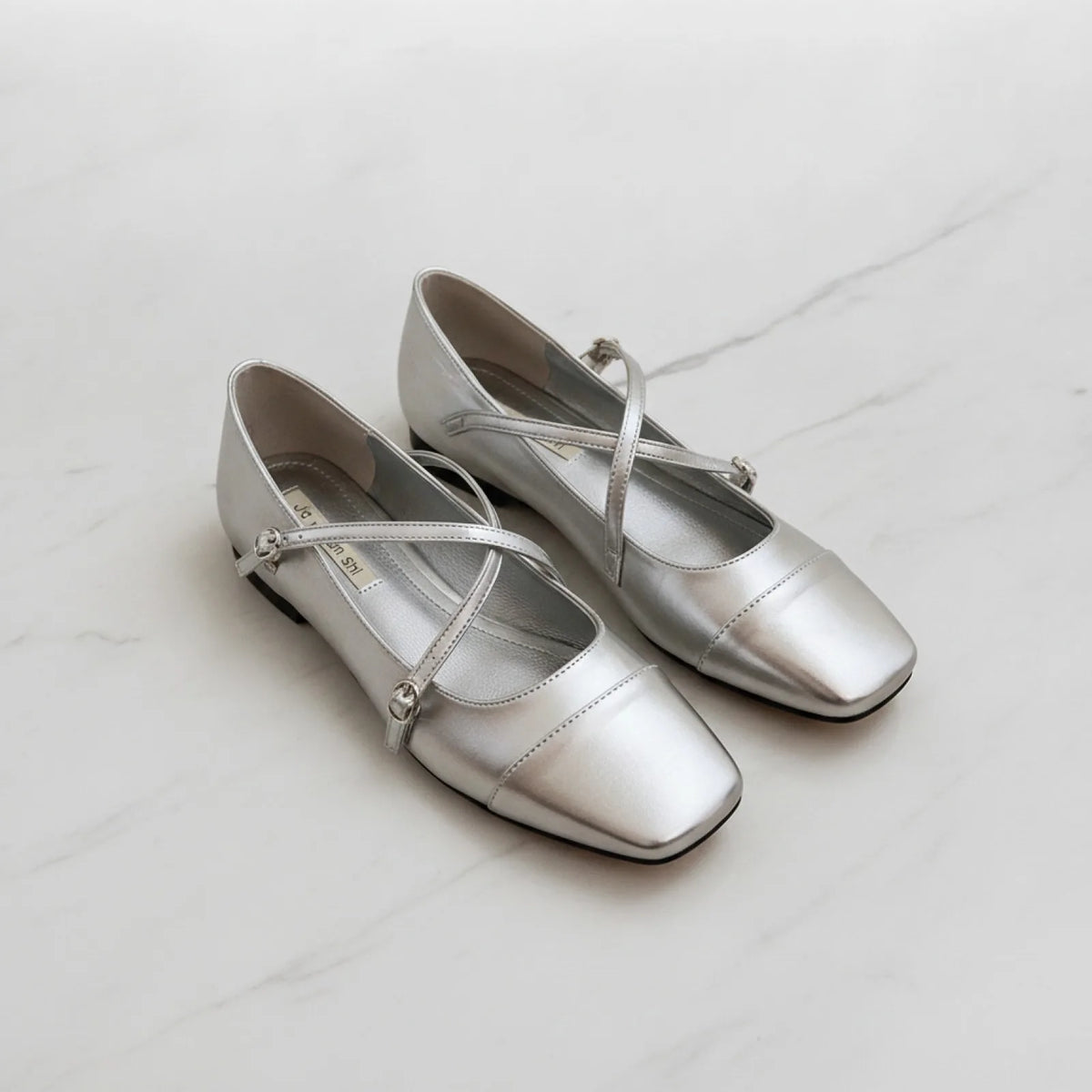 Élégance Ballerines Mocassins Vernis Argenté