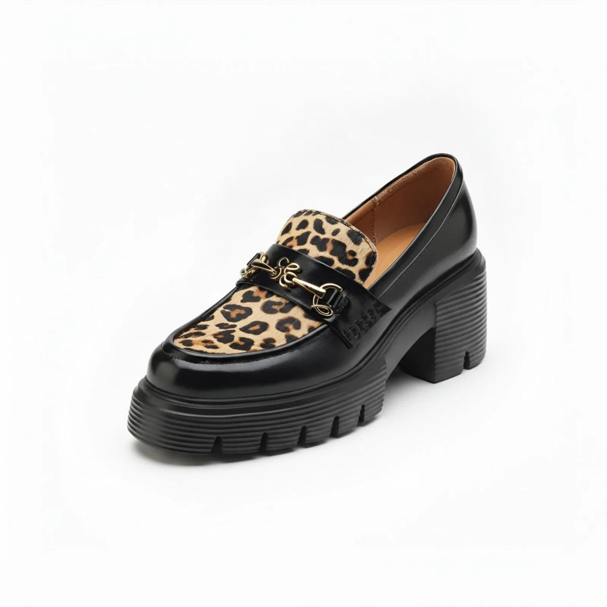 Élégance Mocassins Femme Noirs Léopard & Talon Bloc