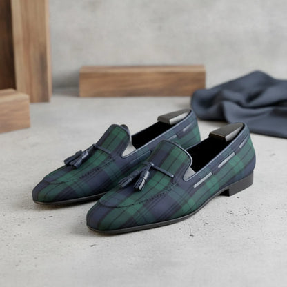 Élite Mocassins Homme Carreaux Bleu Vert à Glands