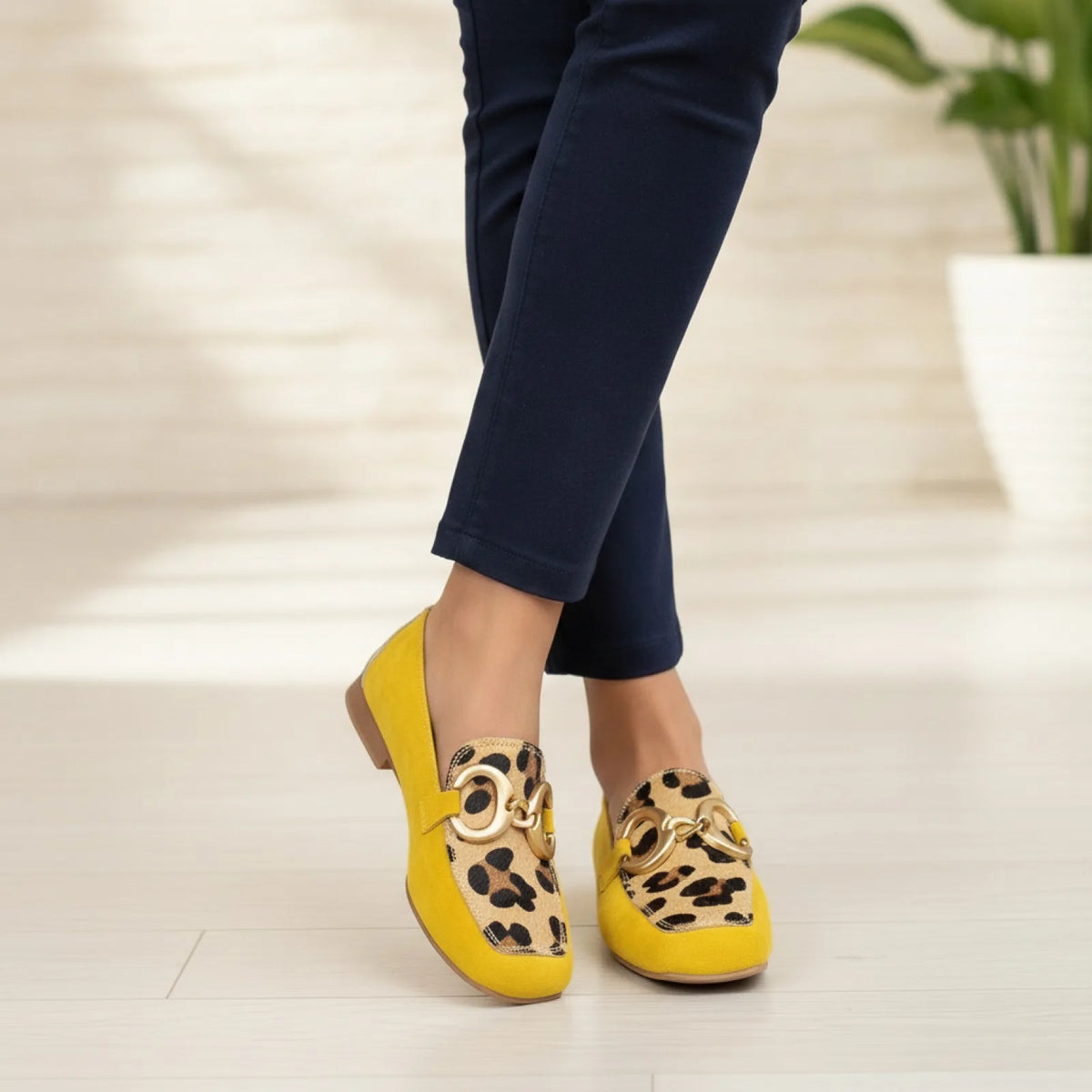 Lux Mocassins Jaunes Imprimé Léopard Boucle Dorée Femme