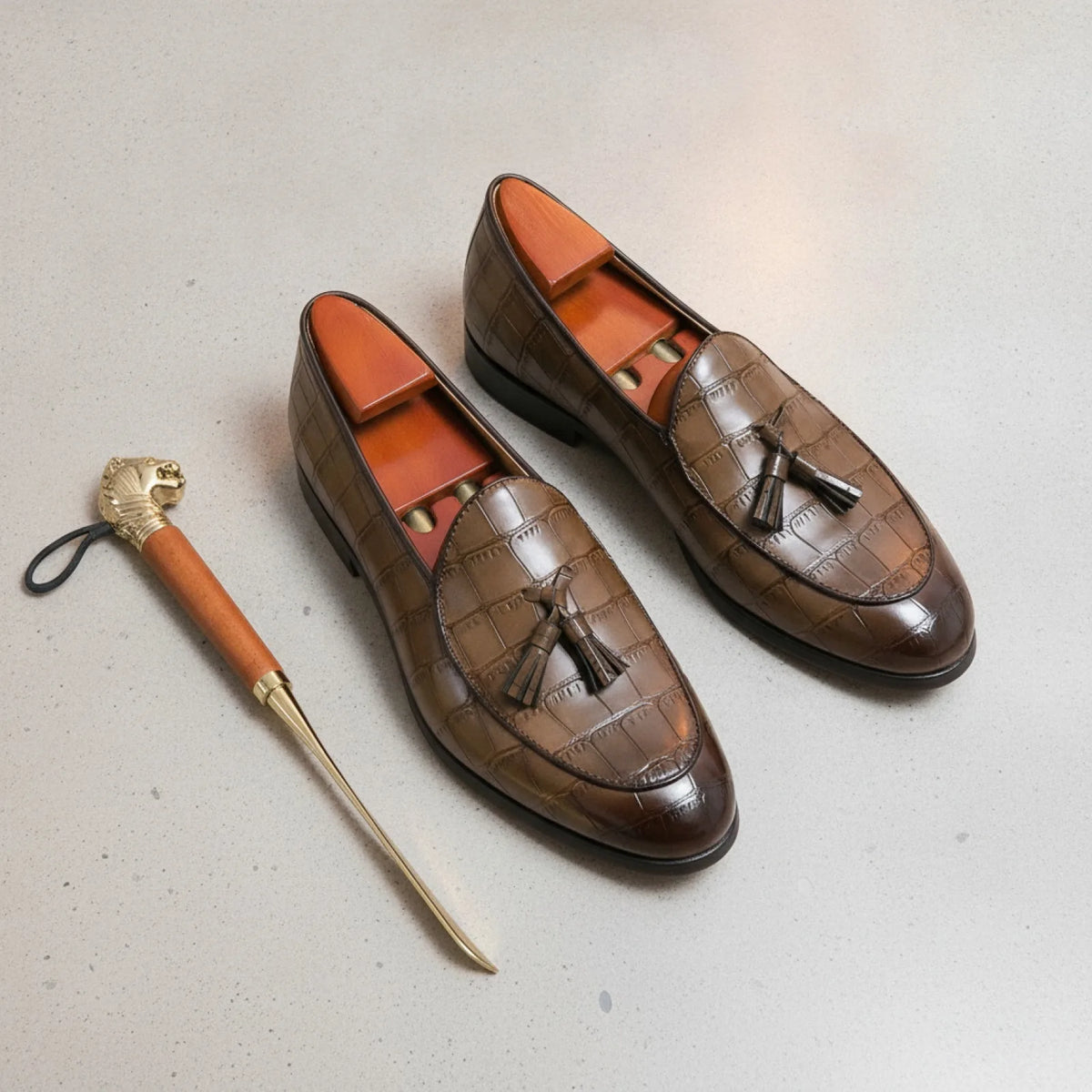 Luxe Mocassins Cuir Vachette Effet Croco Glands