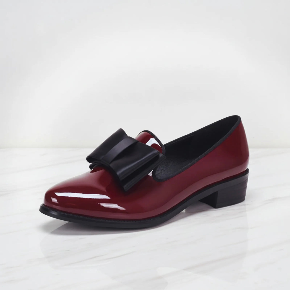 Luxe Mocassins Cuir Verni Bout Pointu Nœud Décoratif