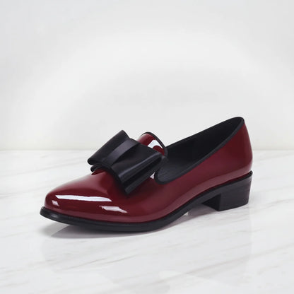 Luxe Mocassins Cuir Verni Bout Pointu Nœud Décoratif
