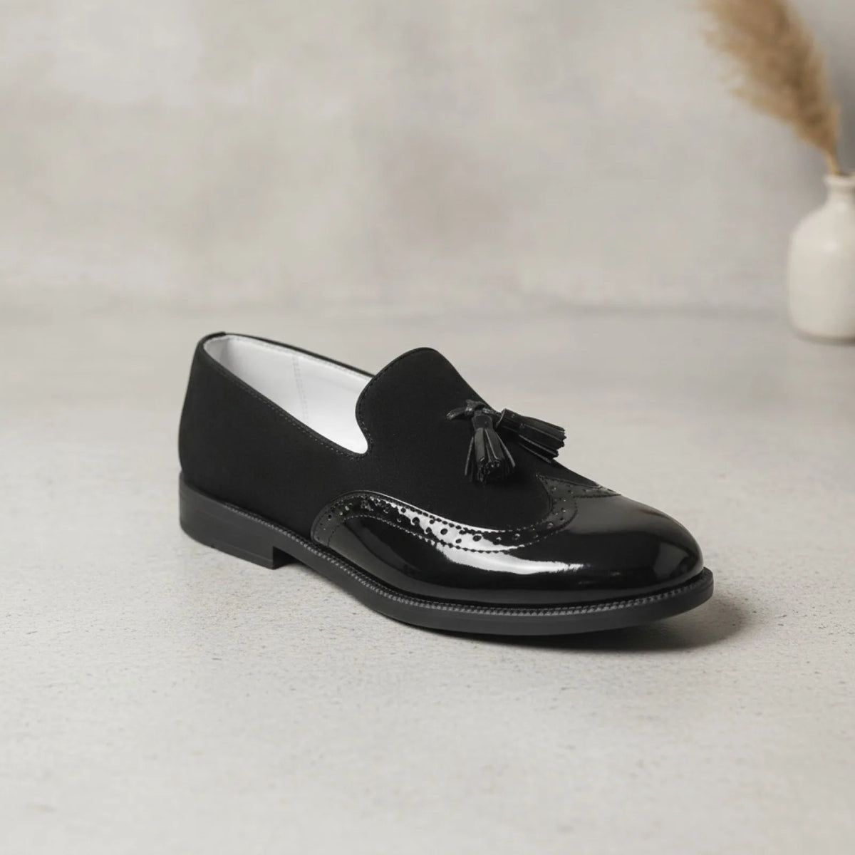 LuxeKids Mocassins garçon cuir noir pampilles