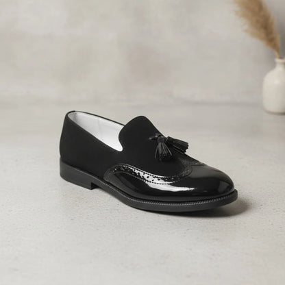 LuxeKids Mocassins garçon cuir noir pampilles