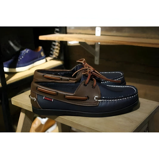 Mocassins Bateau Homme - Bleu Marine Coutures Blanches