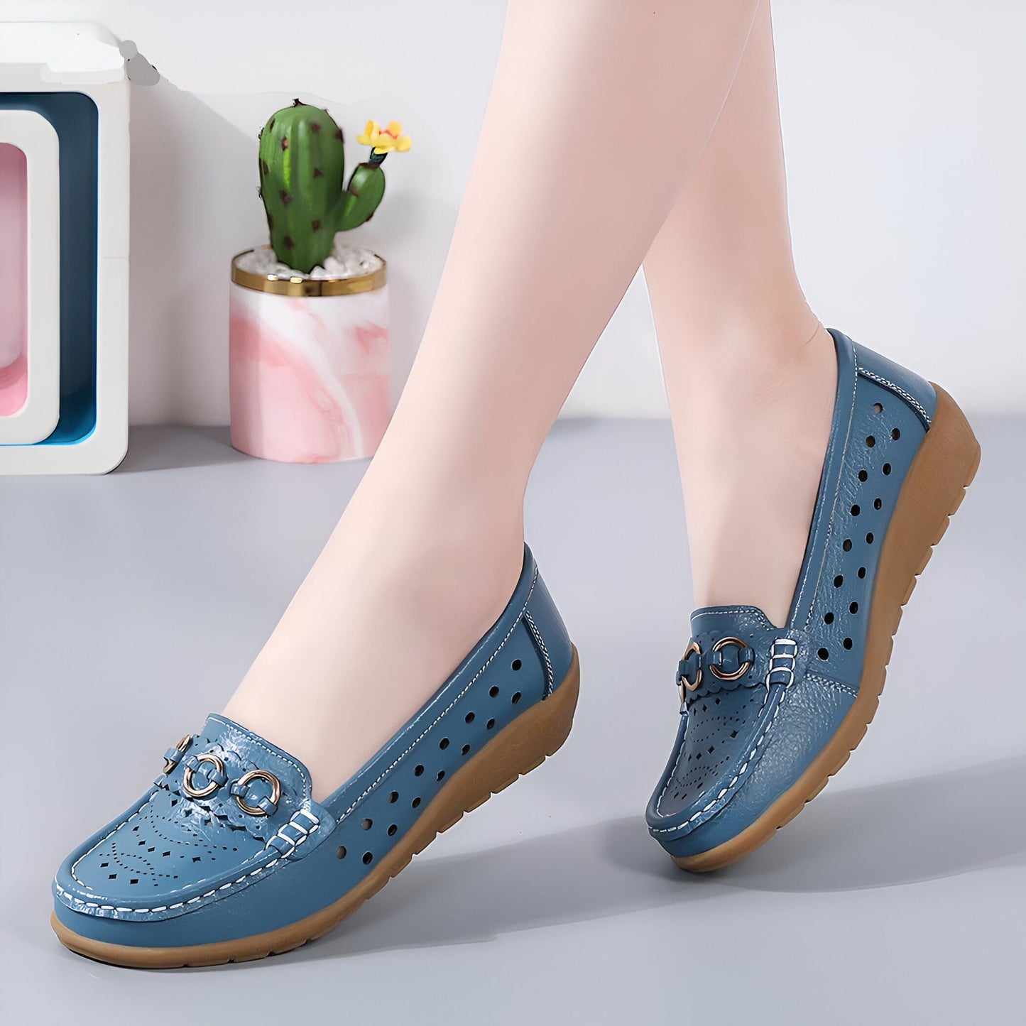 LuxeCuir Mocassins compensés cuir femme boucles dorées