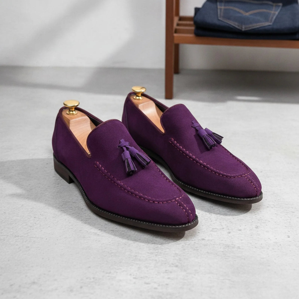 Mocassins Daim Violet - Pompons et Semelle Caoutchouc