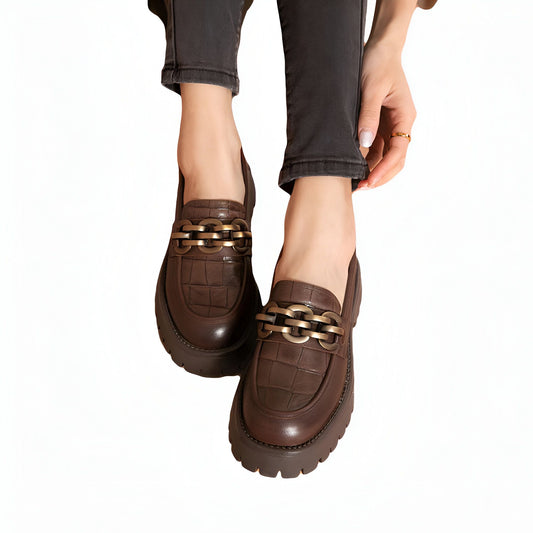 VivaMode Mocassins Femme Cuir Chaîne Métal Plateforme