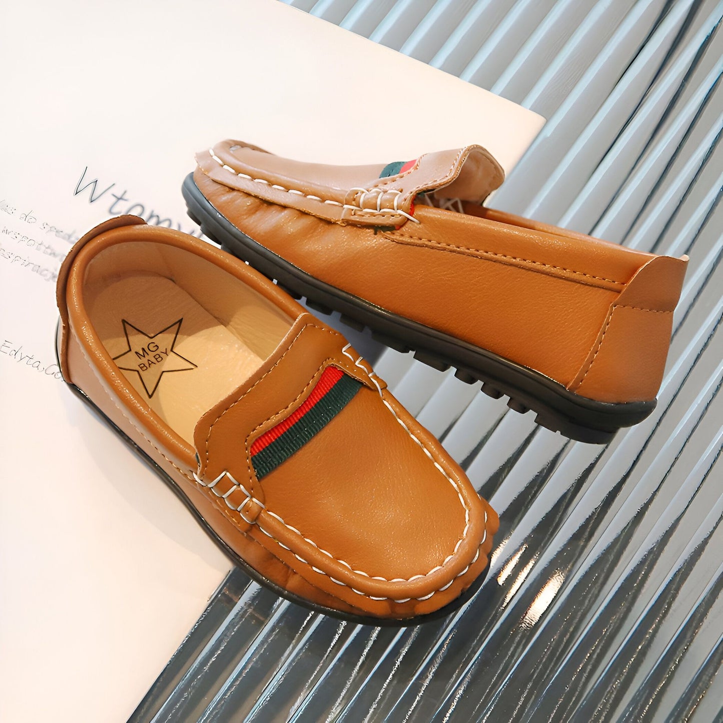 Brandé Mocassins Garçons Cuir Souple Bandes Colorées