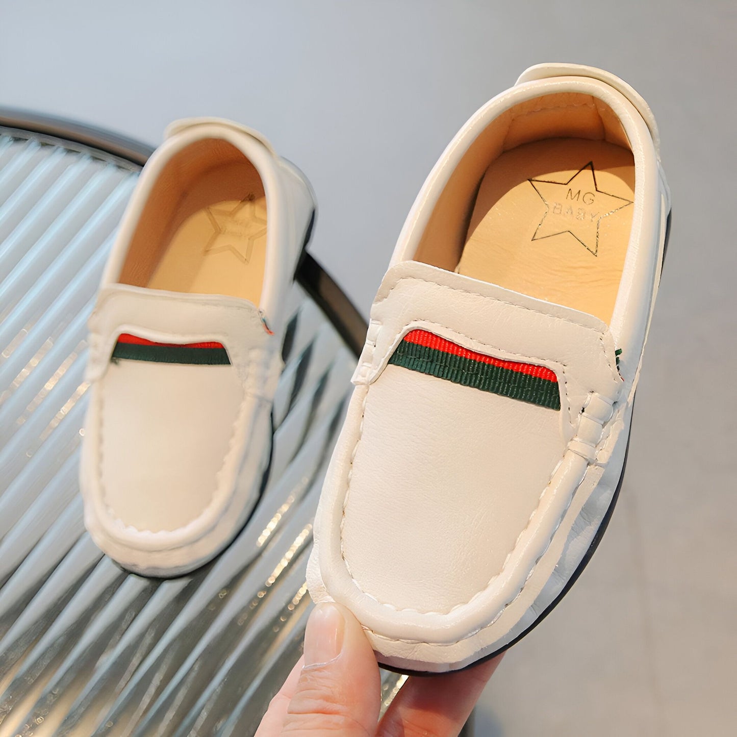 Brandé Mocassins Garçons Cuir Souple Bandes Colorées