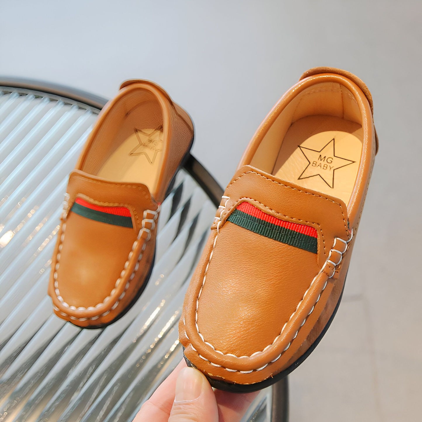 Brandé Mocassins Garçons Cuir Souple Bandes Colorées