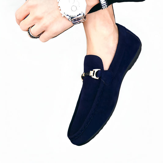 Mocassins Daim Bleu Marine Homme Boucle Dorée - Premium
