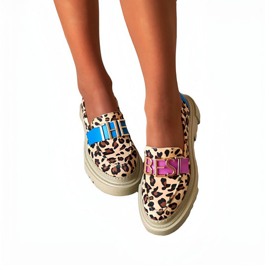 Élégance Mocassins Beige Léopard Plateforme Femme