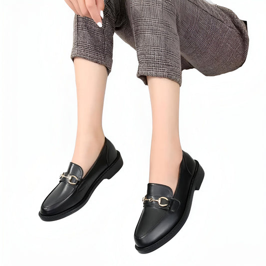 Viva Mocassins Cuir Noir Femme Boucle Métal Talon Carré