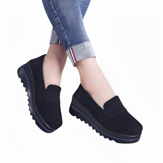 Beluxe Mocassins Daim Noir Compensés Confortables Femme