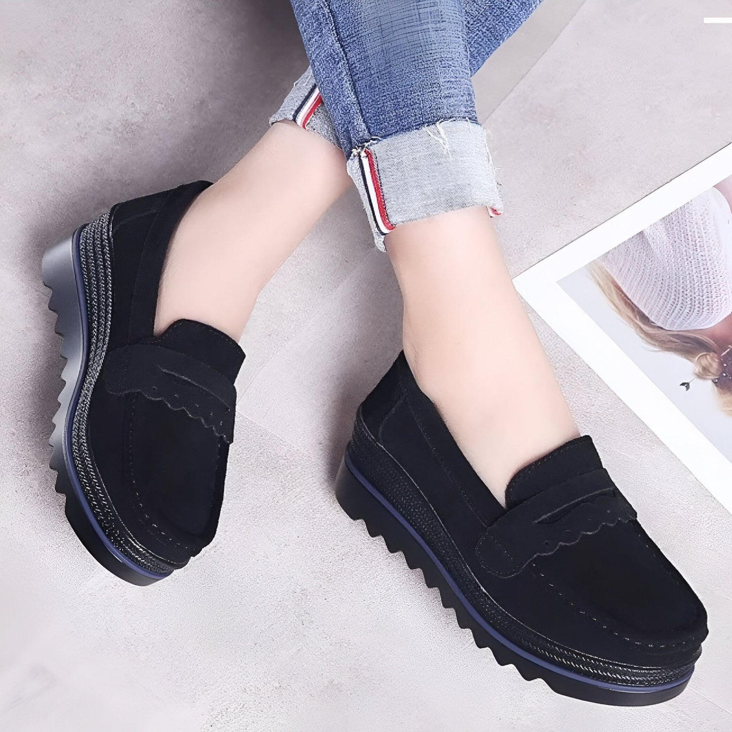 Beluxe Mocassins Daim Noir Compensés Confortables Femme