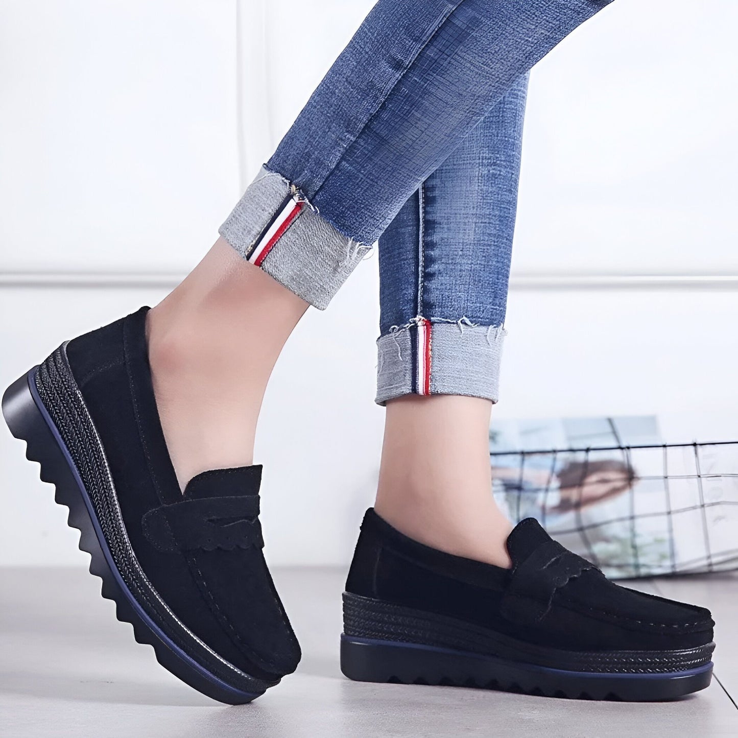 Beluxe Mocassins Daim Noir Compensés Confortables Femme