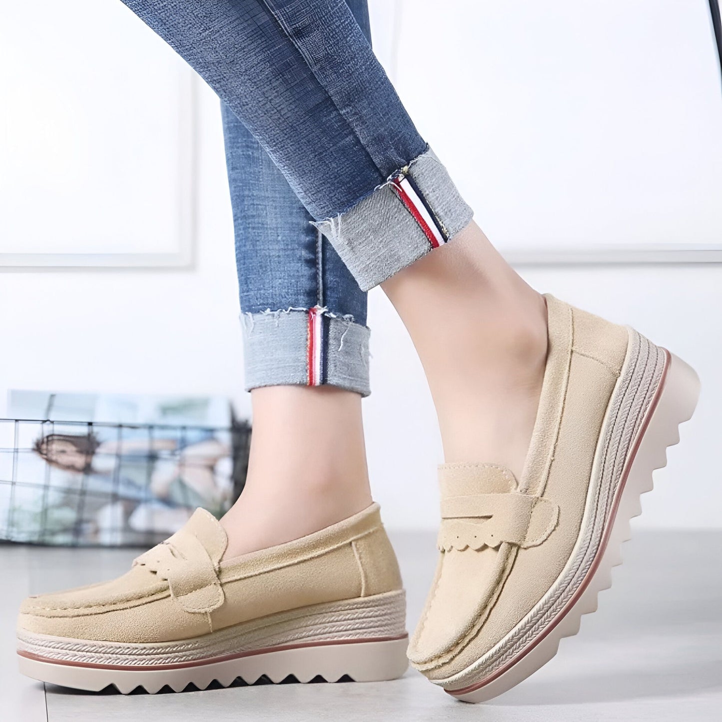 Beluxe Mocassins Daim Noir Compensés Confortables Femme